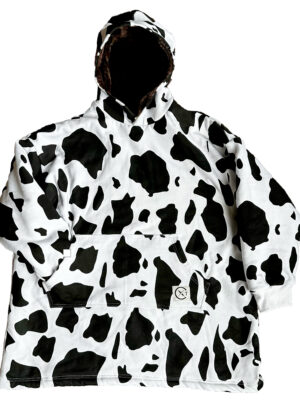 Xtreme Blanket Hoodie - Black Cow Print with Brown Faux Fur Lining