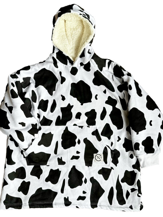 Xtreme Black Cow Print Blanket Hoodie With White Sherpa Lining