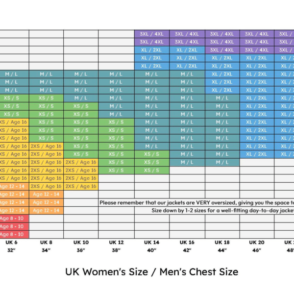 Xtreme Jackets sizing guide.